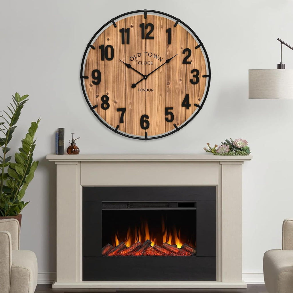 24 Inch Farmhouse Wall Clock Large Old Town Vintage Rustic Wooden Clock with Metal Rim and Large Numerals