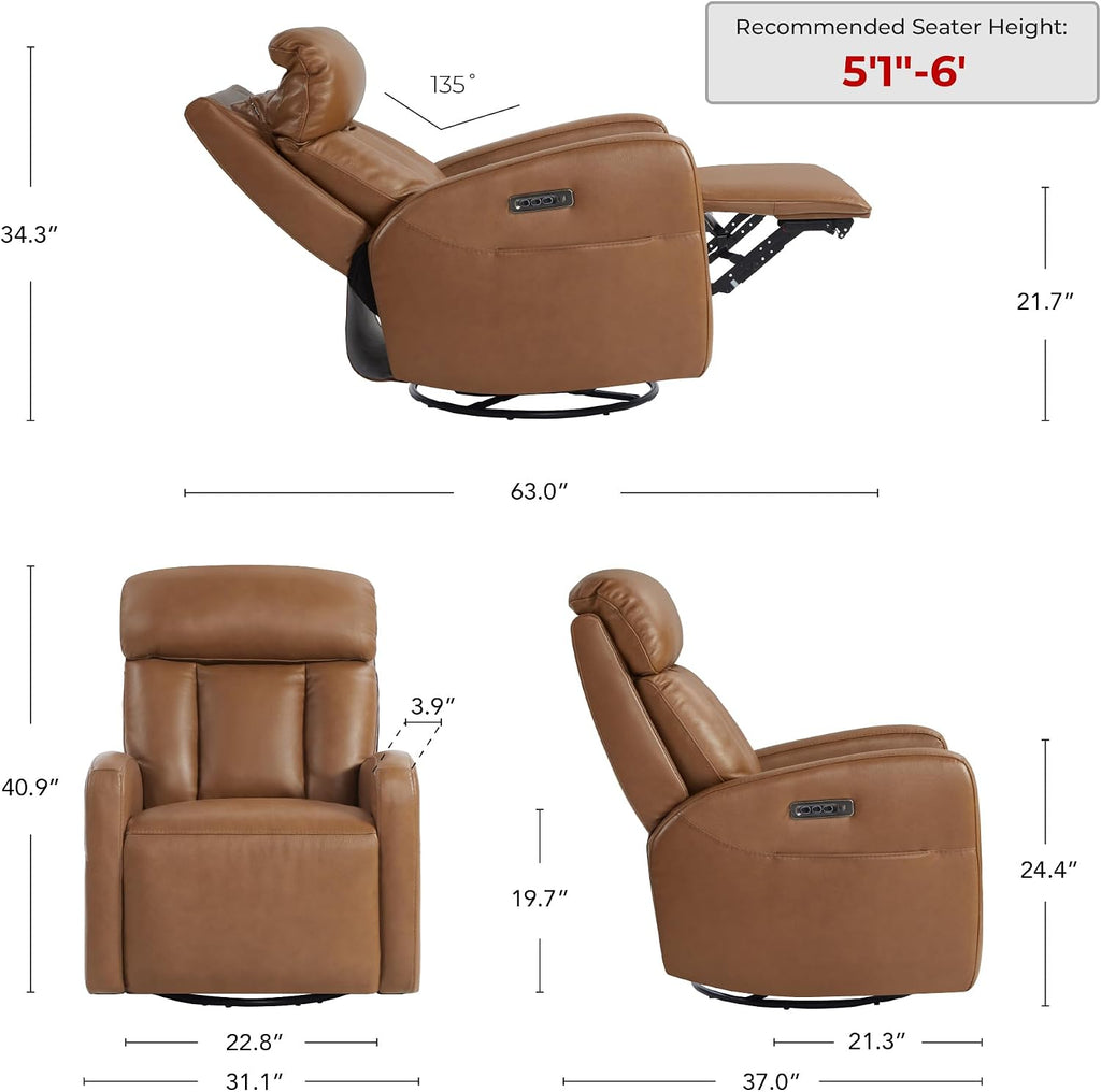 Leather Power Swivel Recliner Chair for Adults, Triple Motor Electric Rocker Recliner with Adjustable Headrest and