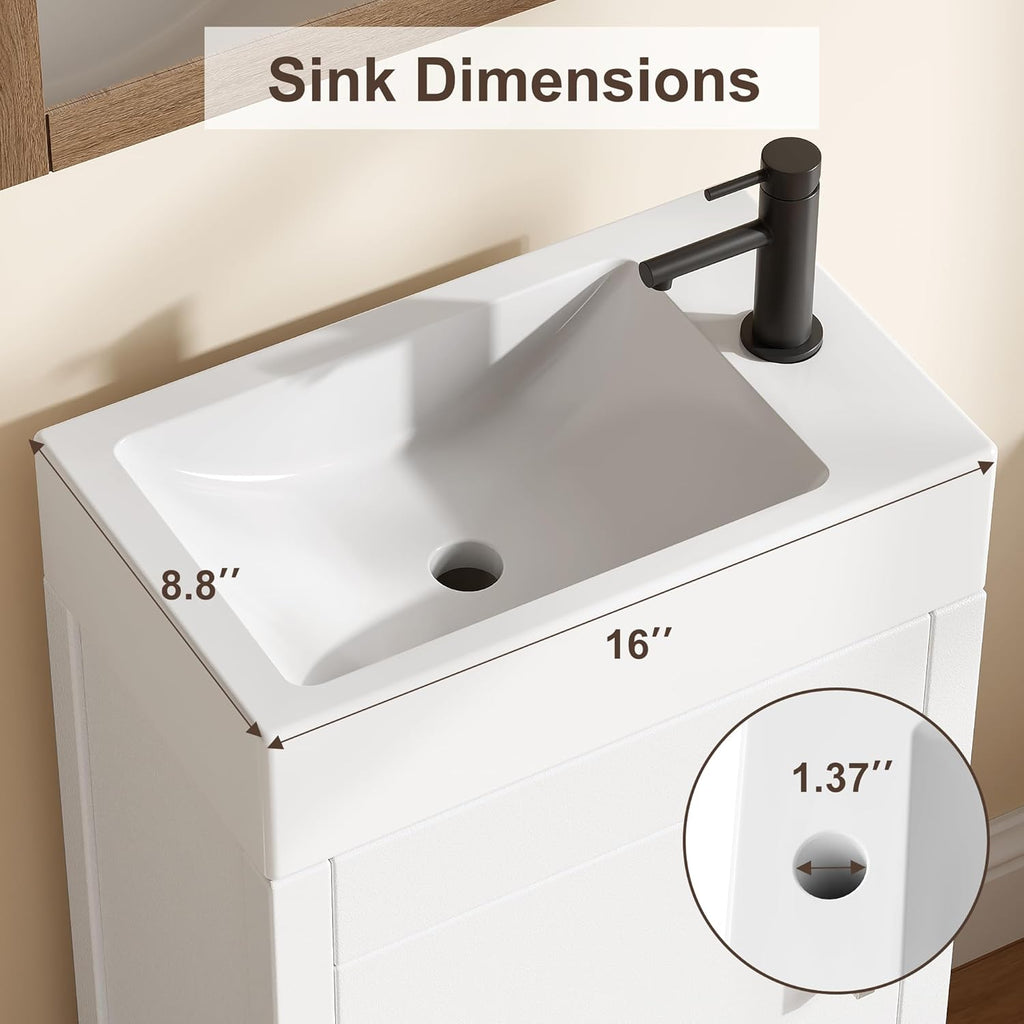 16" Bathroom Vanity with Sink, Freestanding Wooden Bathroom Vanity Cabinet with Soft-Closing Door and Metal Handle, Modern Floor Standing Storage for Small Spaces，White