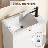 16" Bathroom Vanity with Sink, Freestanding Wooden Bathroom Vanity Cabinet with Soft-Closing Door and Metal Handle, Modern Floor Standing Storage for Small Spaces，White
