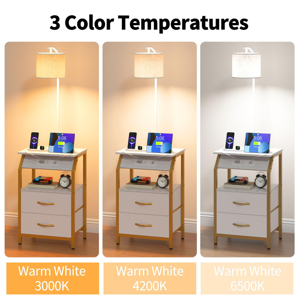 End Table with Floor Lamp, Nightstand with Charging Station, Floor Lamp Table with 3-Color Temperature Bulb, Bedside