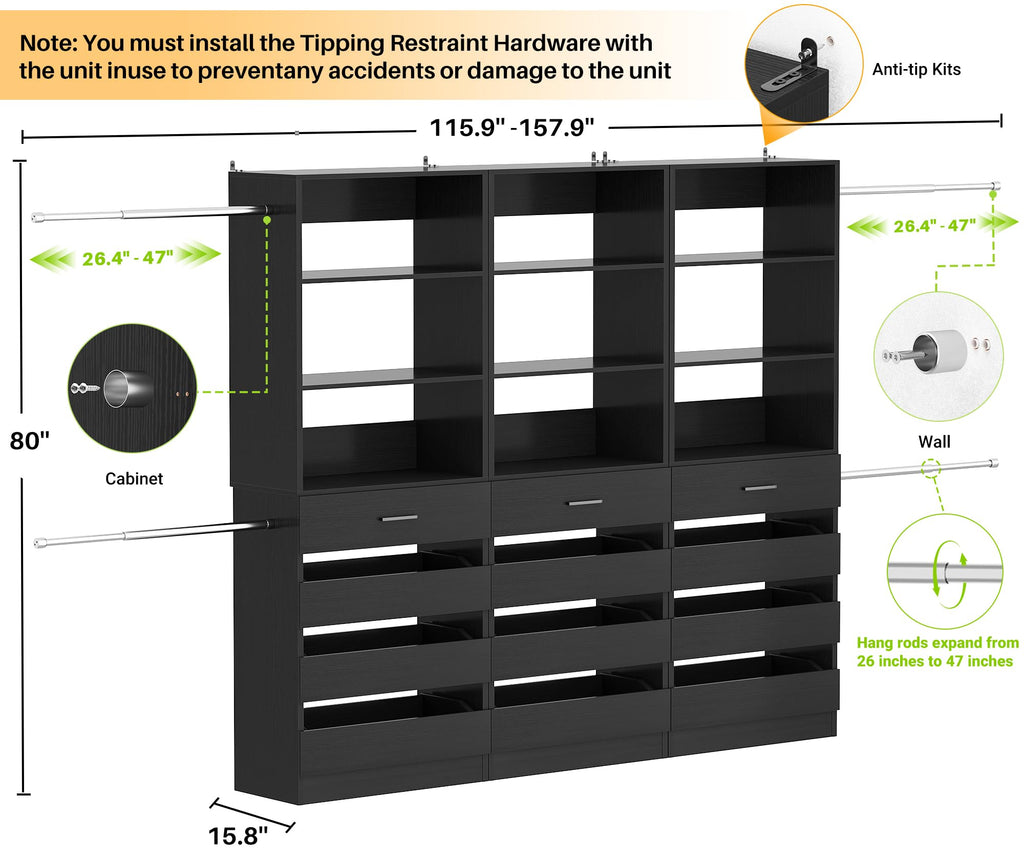 Closet System with 12 Drawers, 8.5-11.5Ft Closet Organizer System