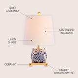 16" Blue/White Ceramic Owl Mini Table Lamp or Office, Modern Farmhouse Nightstand Lamp with White Linen Shade