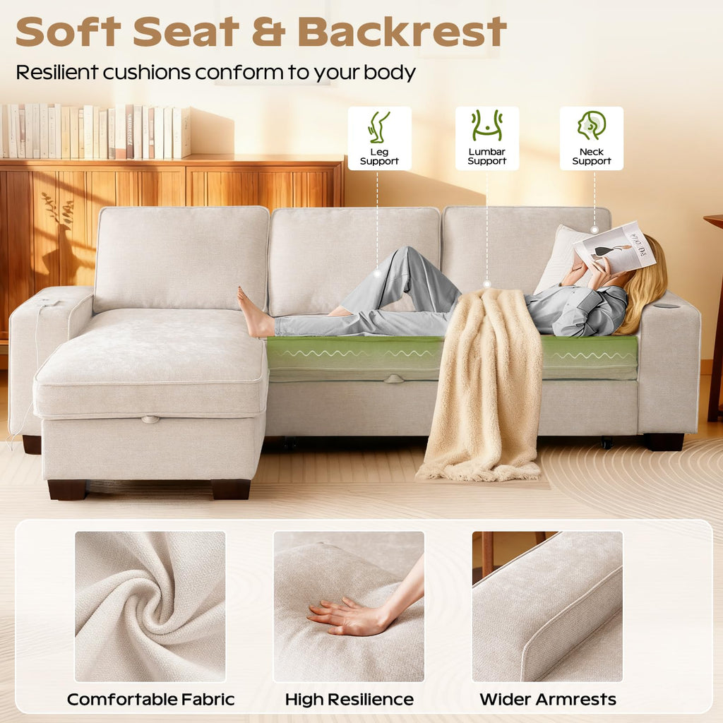 99" Convertible Sleeper Sofa Bed, L Shaped with Storage Chaise Pull Out Couch, USB and Type-C, Removable Washable