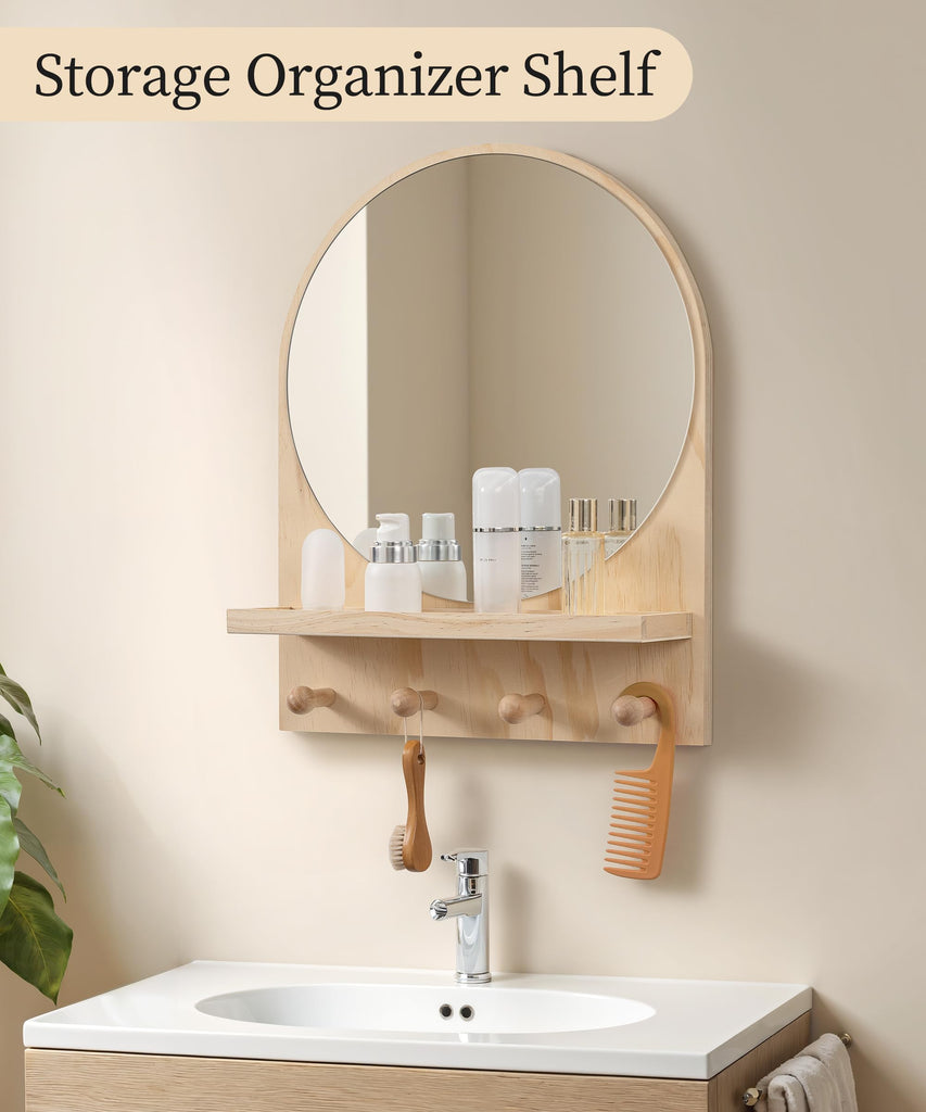 Nursery Wall Shelf with Mirror, Natural Wood Boho Arch Design