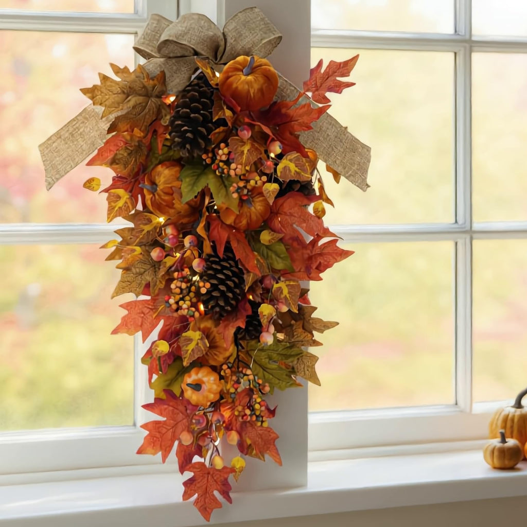 30" Pre-lit Fall Teardrop Swag, Pumpkin Maple Leaf 35 Fairy Light