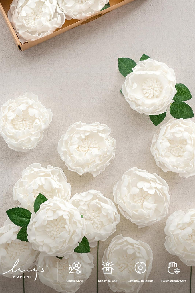 White Artificial Peony Flowers with Stems, 16 pcs