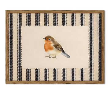 Vintage Robin Bird Wall Art Cottagecore Bird Wall Decor Picture Mid Century Nature Animal Striped Poster Canvas