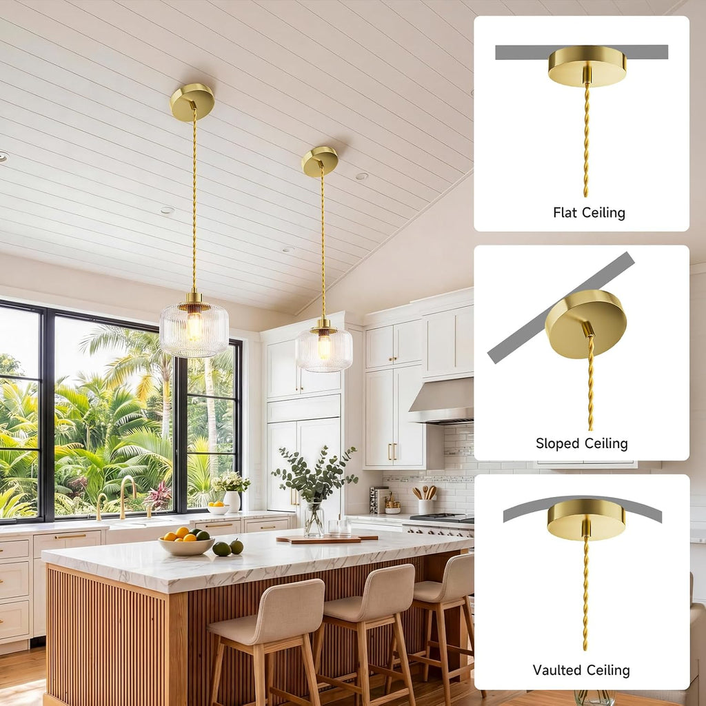 Clear Striped Glass Pendant Light, Gold Vintage Hand Blown Pendant Lamp, E26 7W LED Bulb Included, Adjustable