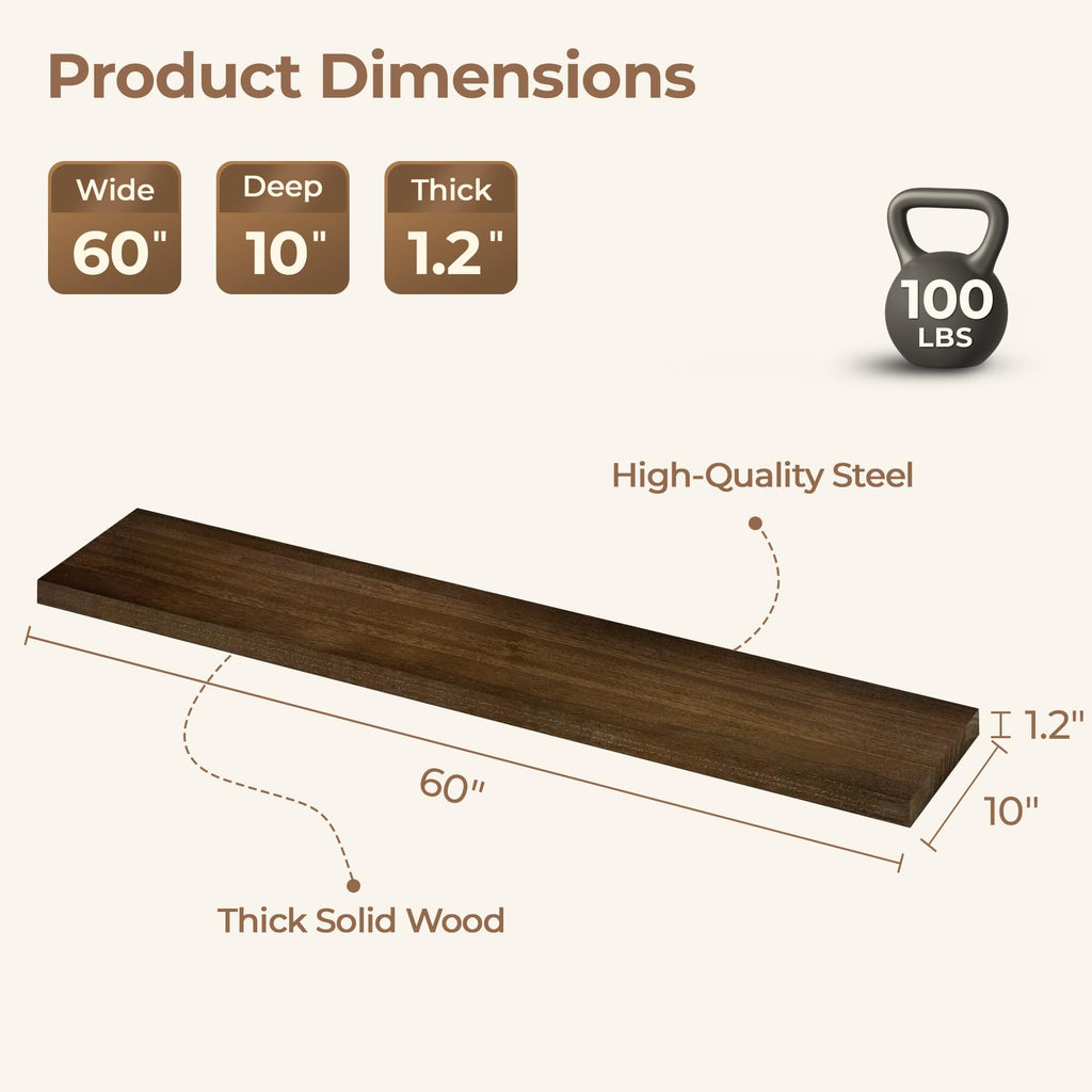 60 Inch Long Wall Shelves, Long Floating Shelf for Wall Set of 2, Walnut Large Wall Mounted Shelves with Metal