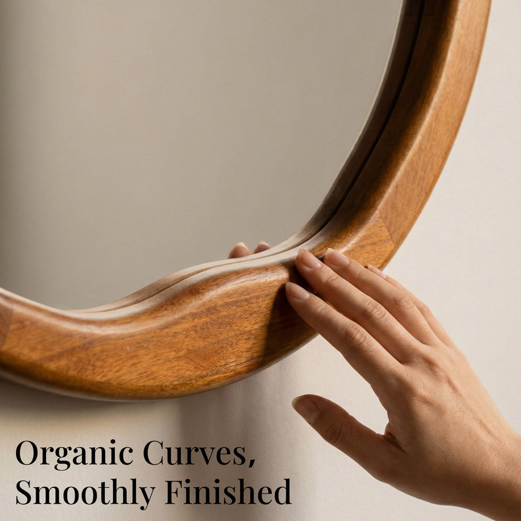30 Inch Warm Walnut Round Wood Bathroom Mirror, Wavy Inner Edge