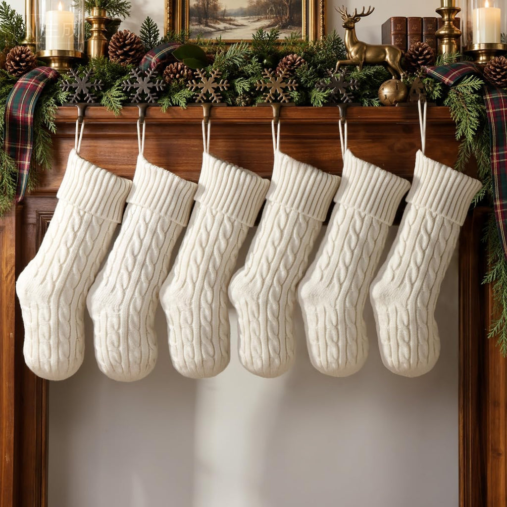 18 Inch Christmas Stockings, Set of 6 Classic Cream White Cable Knitted Stockings with Velvet Ribbon Loop Bows