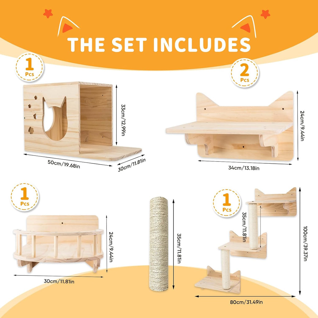 Cat Wall Shelves for Large Cats - 9-Piece Wooden Wall-Mounted Cat Shelves Set, Kitty Climbing System with Perches