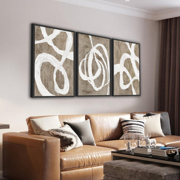 Framed Boho Wall Art Decor - Abstract Brown and White Line Painting Prints 32"x48" Set of 3 Modern Geometric Pictures