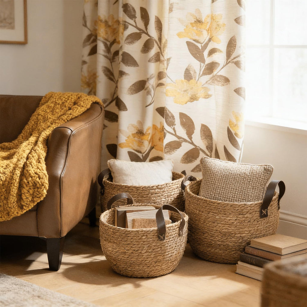 GIB Round Seagrass Storage Baskets Woven Wicker Planter Baskets for Decor | Decorative Basket for Blankets, Plants