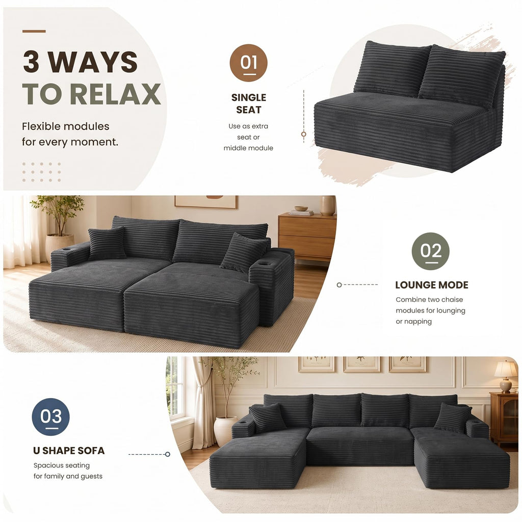 134" U Shaped Sectional Sofa with Double Chaise No Assembly Charcoal