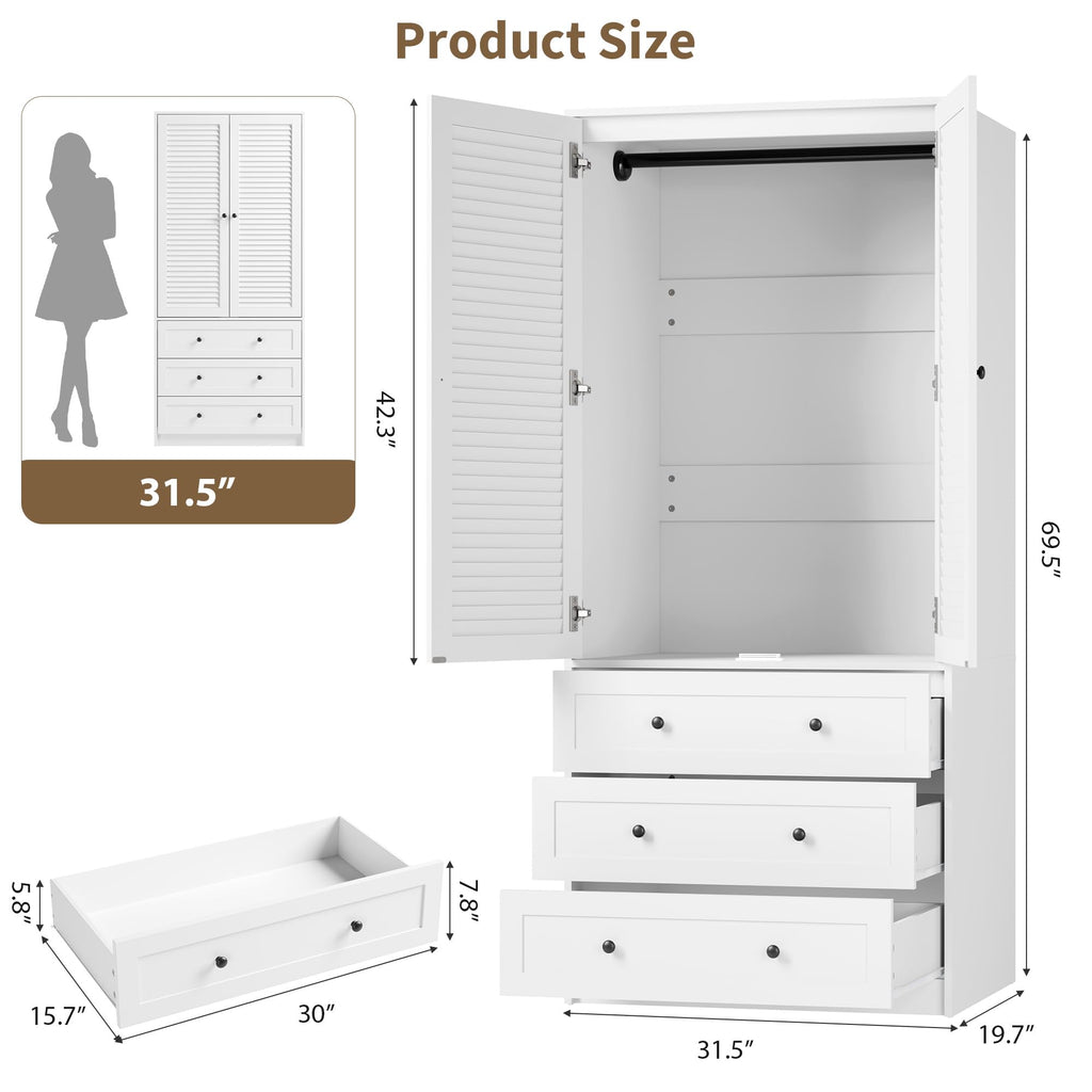 70" Wardrobe Armoire Wooden Closet with 3 Drawers, White