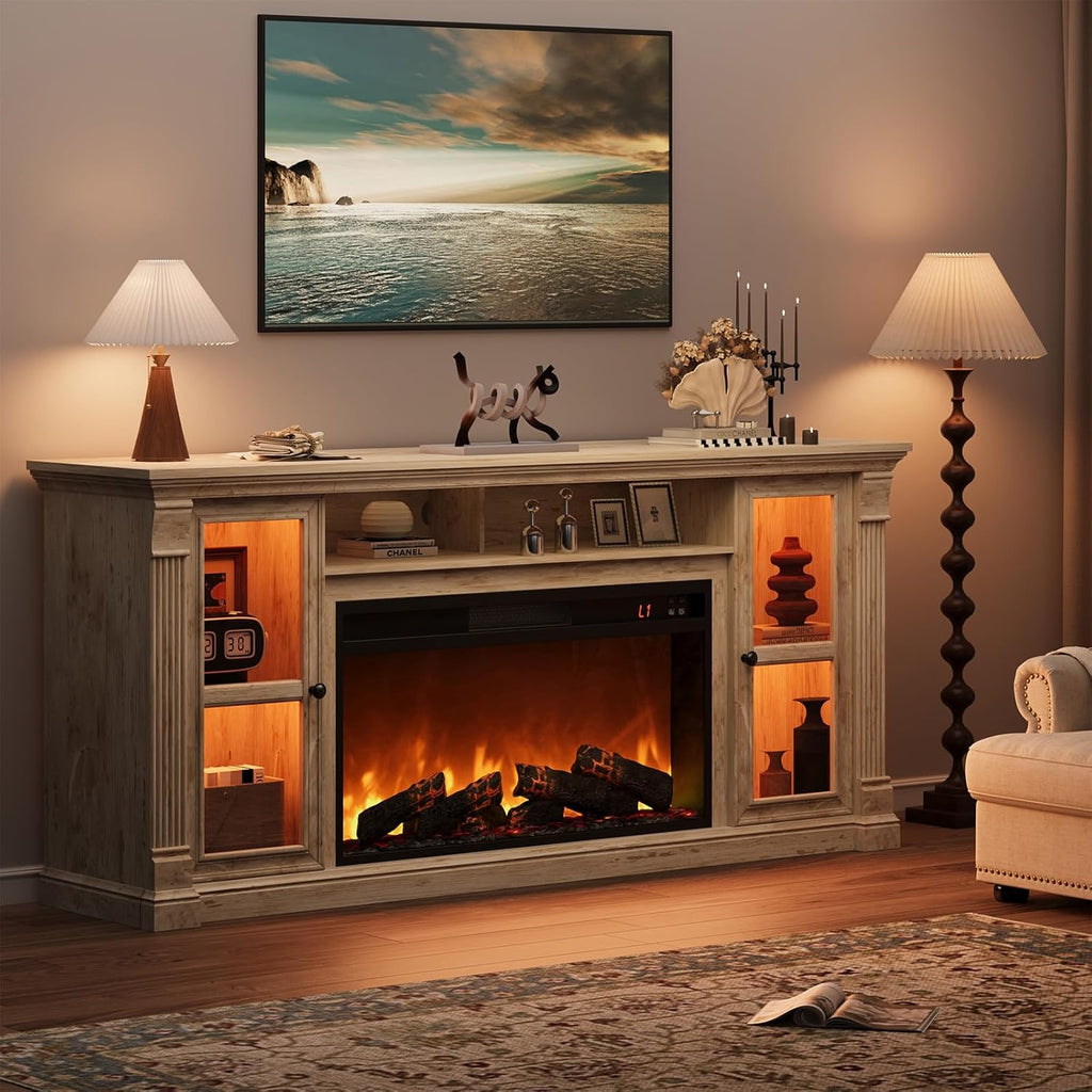 Farmhouse Fireplace TV Stand Up to 80" TVs, 70" Modern Highboy Entertainment Center with 36" Electric Fireplace & LED