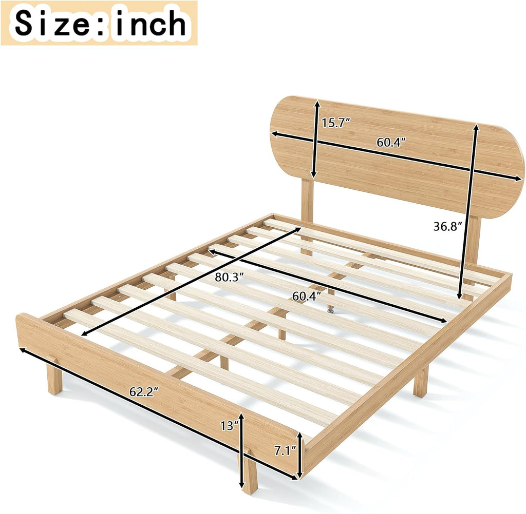 Queen Bed Frame with Headboard & Low Footboard, Bamboo Queen Size Bed Frame with Wood Slats Support 800LBS, Japanese