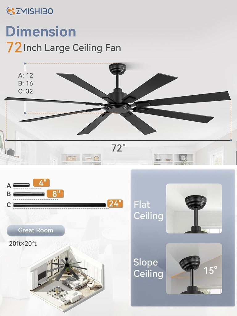 72 Inch Ceiling Fan No Light with Remote Control, 8 Blades