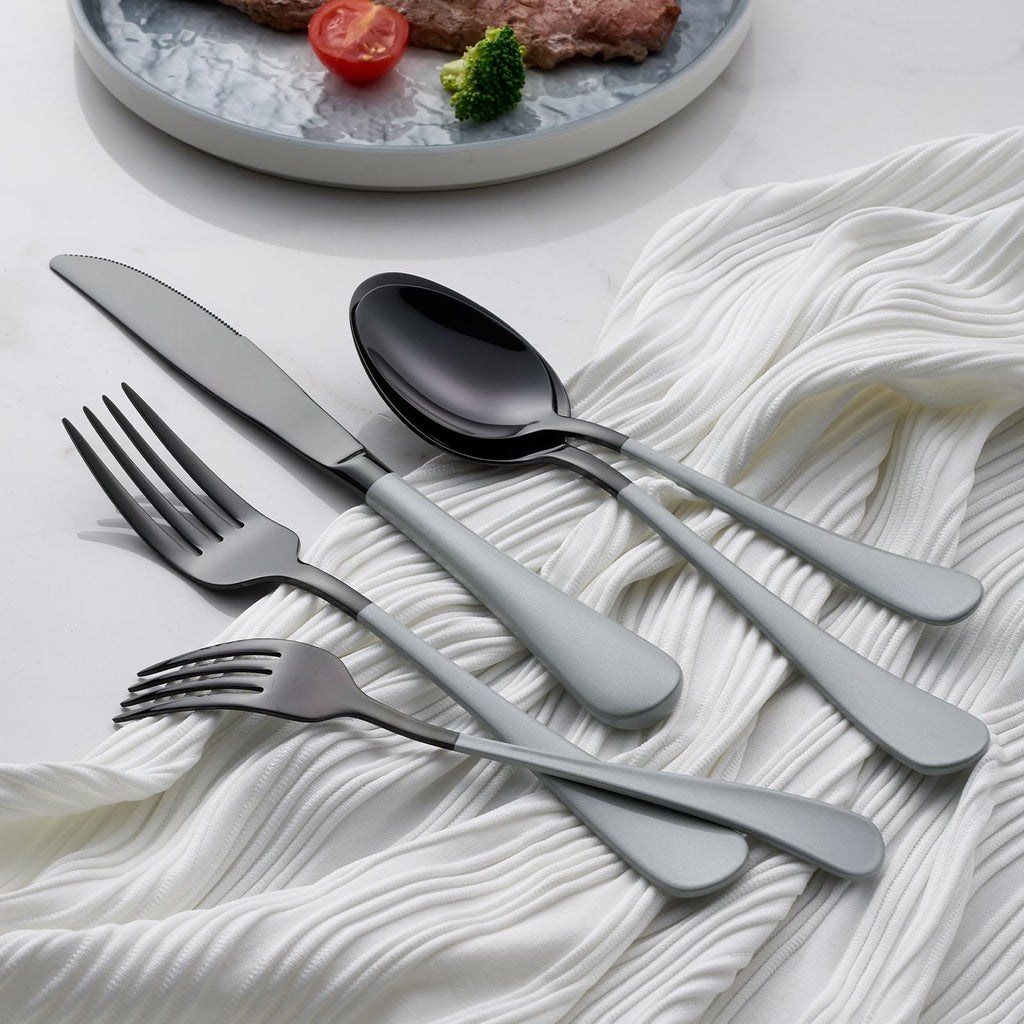 20-Piece Black Silverware Set 18/0 Stainless Steel Flatware Gray Handle Cutlery Set Service for 4 Dinner Knives Forks