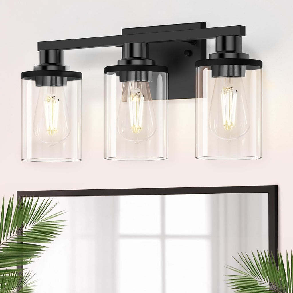 17 Inch Bathroom Light Fixtures, 3-Light Black Bathroom Lighting Fixtures Over Mirror with Clear Glass Shade, Vanity