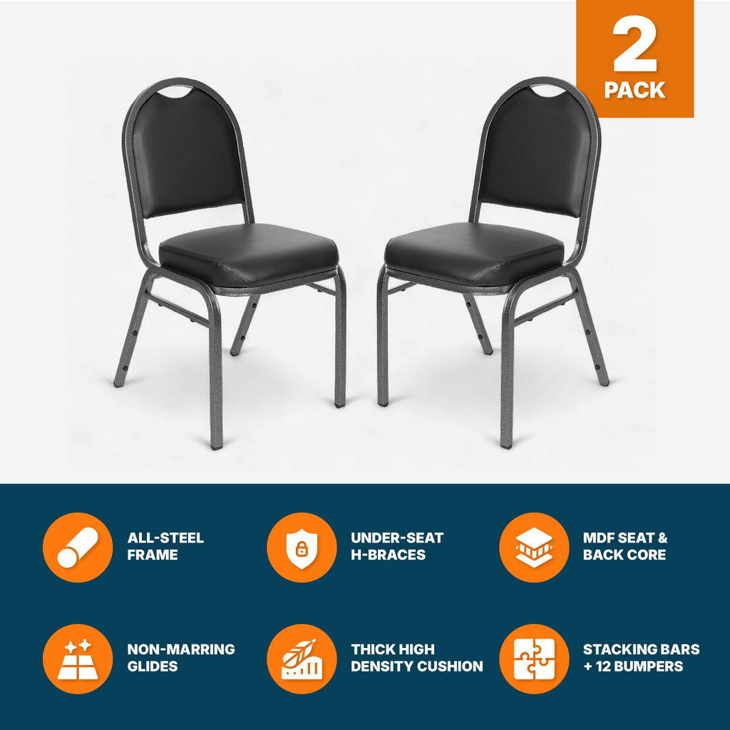2 Commercial-Grade Dome Back Banquet Stack Chair (Black Vinyl, Silver Powder-Coated Frame, 2-Pack)
