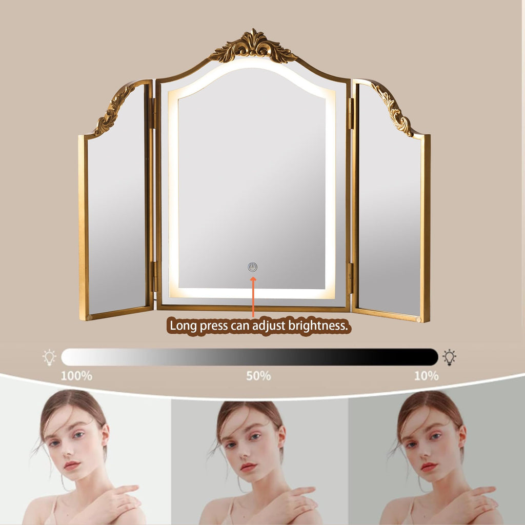 Antique Gold Triple Fold Makeup Mirror with Tri-Color LED Lighting & Dimming, Baroque Carved Arch Vintage Vanity