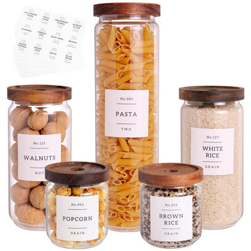 5 Set Glass Pantry Storage Jars with Acacia Airtight Lid - Thicken Glass Kitchen Canisters with 132 Pantry Labels