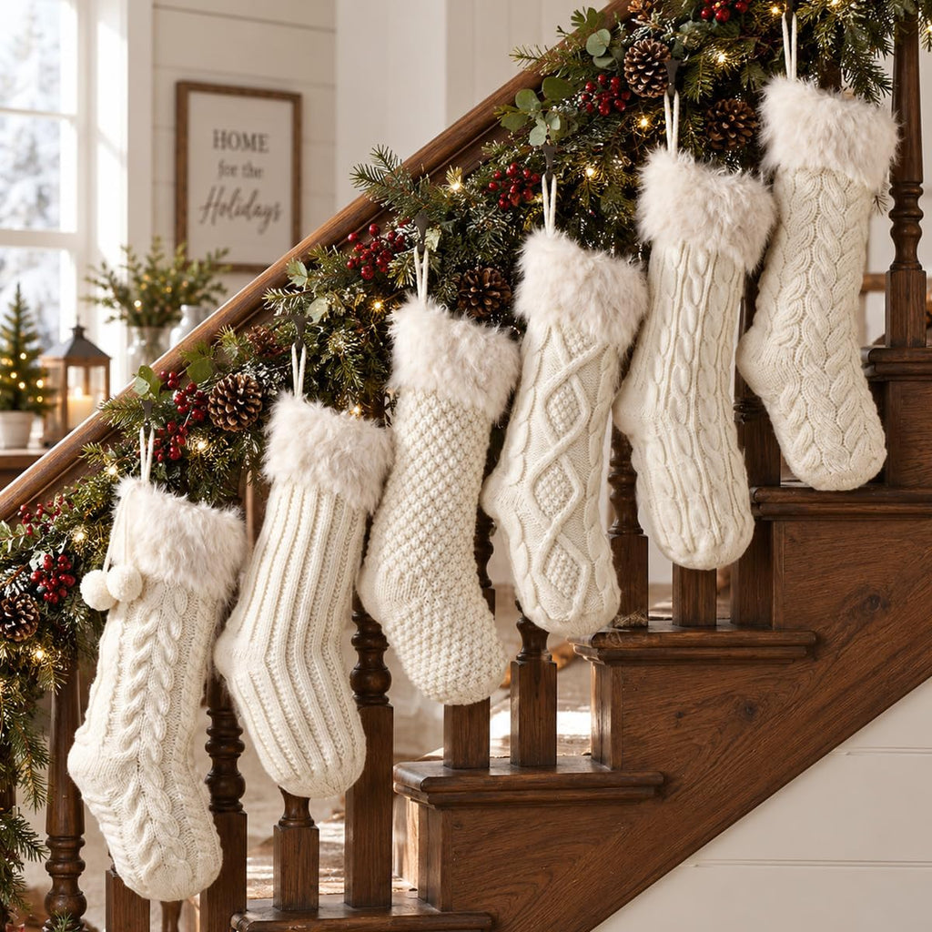 18 Inch Christmas Stockings, Set of 6 Cream White Assorted Cable Knitted Stockings with Faux Fur Cuff, Rustic