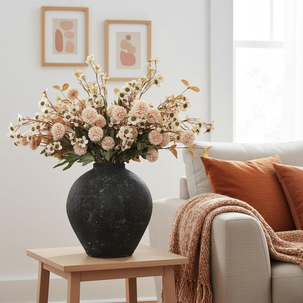 Beige Silk Flower Arrangements Home Decor, Large Floral Centerpieces For Tables, 22 Long Stems Fake Mums + Eucalyptus