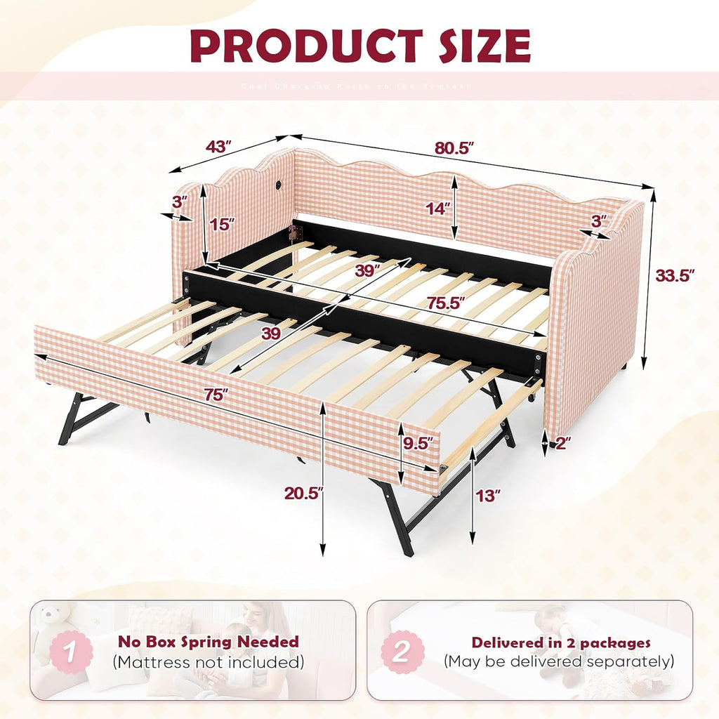 Twin Daybed with Pop Up Trundle, Gingham Linen Upholstered Twin to King Daybed Frame with Wooden Slats & USB