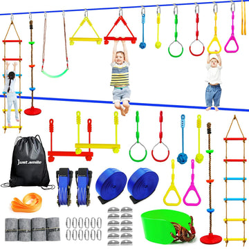 Warrior Obstacle Course for Kids Outside - 12 Obstacle Accessories, Ninja Slackline (2x52ft)Exercise Balance, Slack