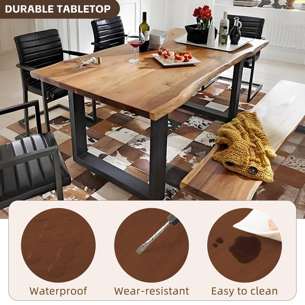 Industrial Solid Wood Dining Table, 2" Solid Wood Top, Live Edge Style Kitchen Table for 4-8 People, Farmhouse Dining