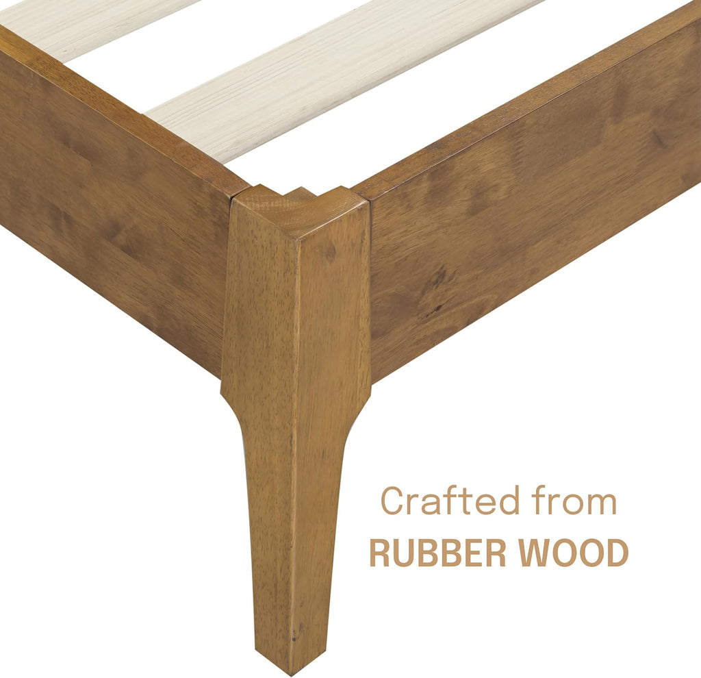 Ruby Wooden Bed Frame with Headboard and Natural Rattan, Solid Oak/Rubber Wood Foundation with Silent Slats, 1000 Lb