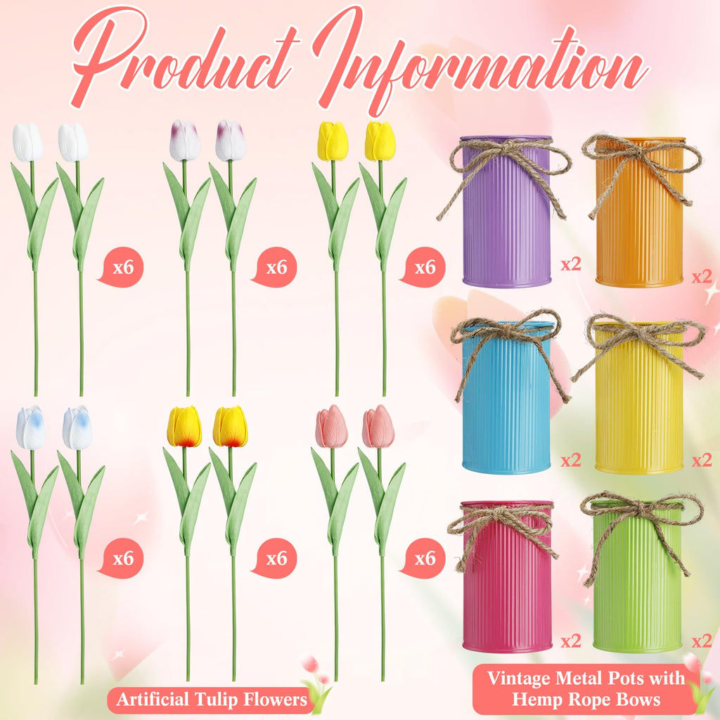 12 Sets Easter Centerpieces for Tables Easter Office Decorations Spring Artificial Tulip with Galvanized Metal Pot