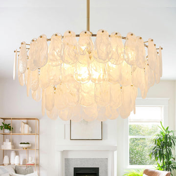 Modern Large Gold Glass Chandeliers, 12-Light Luxury Cloud Pendant Light Fixture, 31.5 inch Round Ceiling Hanging