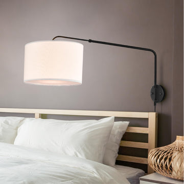 Adjustable Sconce, Wall Mount Light with Telescopic Swing Arm, Matte Black Finish with 2 Linen Shades Included