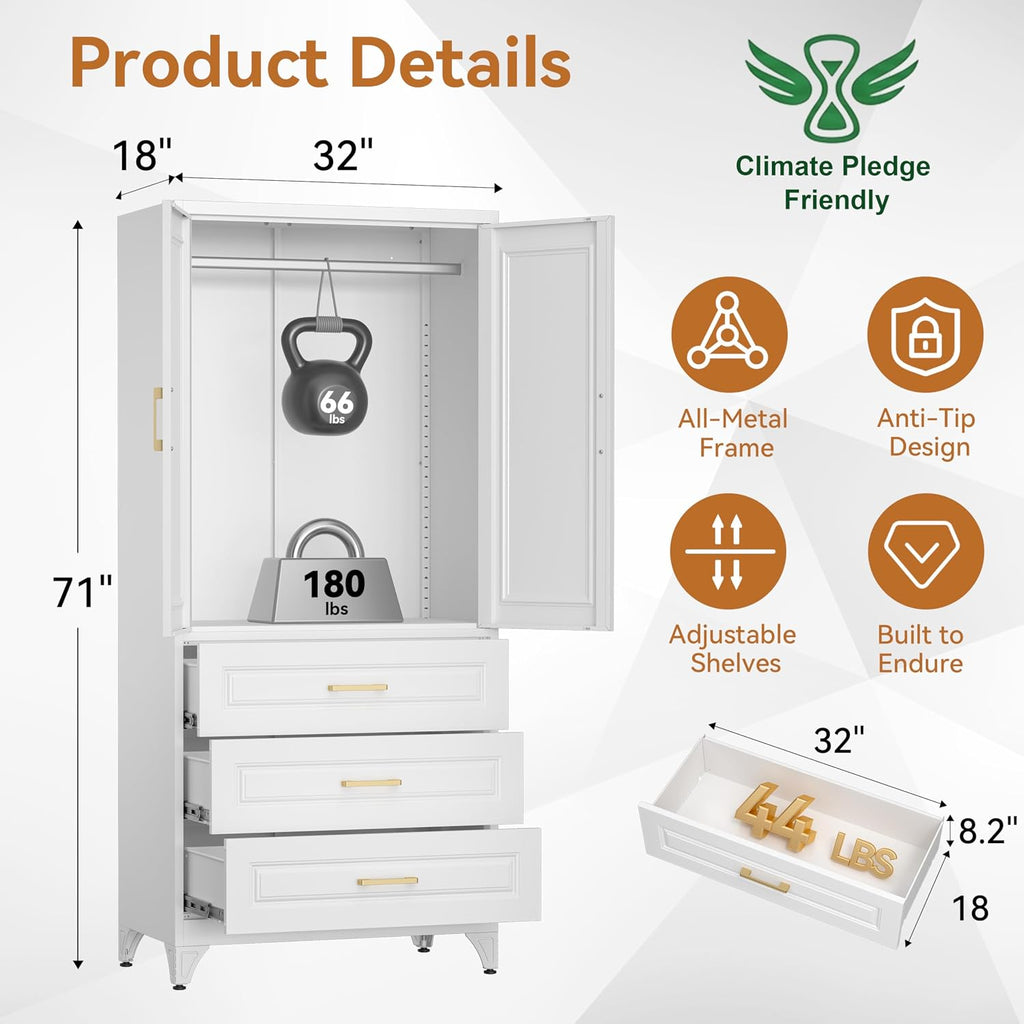 71" White Metal Armoire Wardrobe Closet with Doors and 3 Drawers | Freestanding Tall Steel Clothing Storage Cabinet