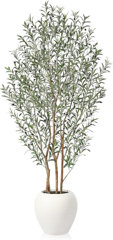 Artificial Olive Tree, 8FT Tall, Faux Olive Trees with Natural Wood Trunk & Lifelike Fruits, Indoor, White Tall