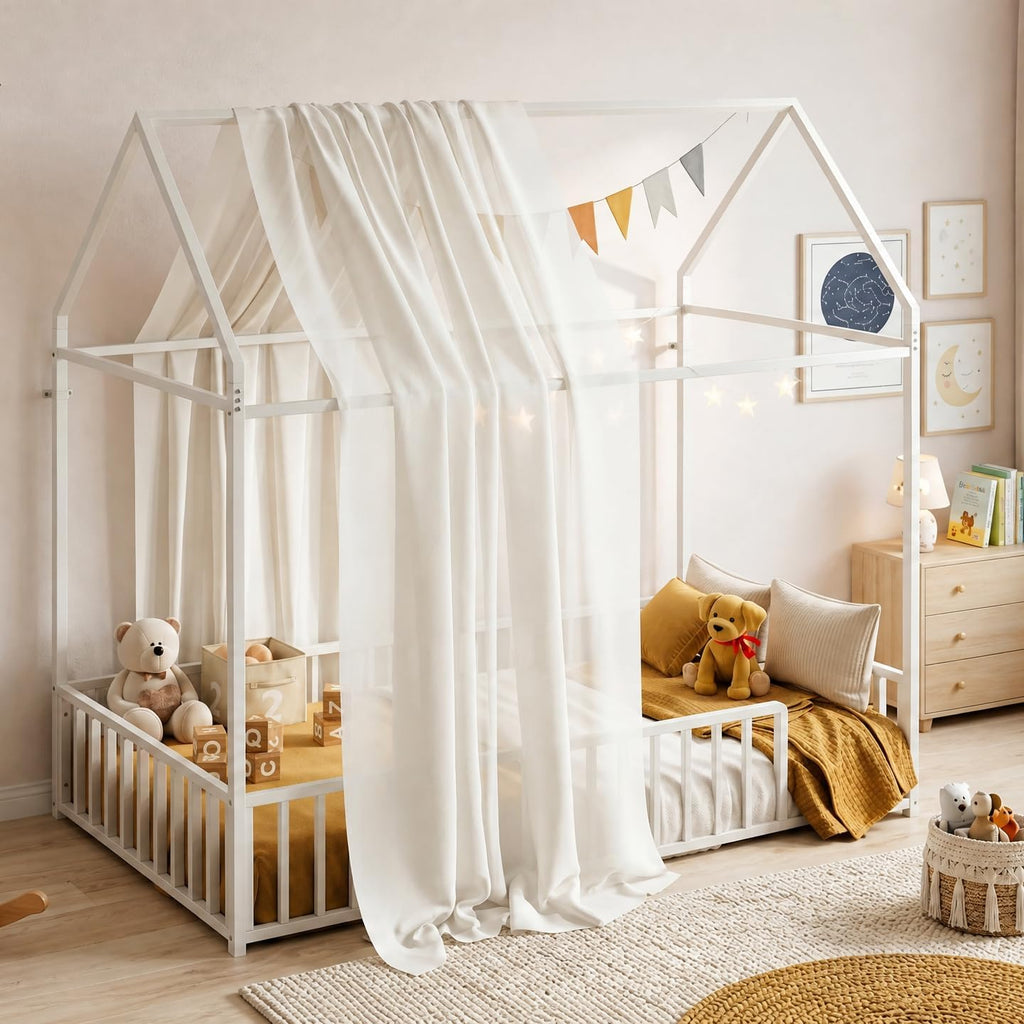 Floor Bed with Fence Guardrails, Metal House Bed, White