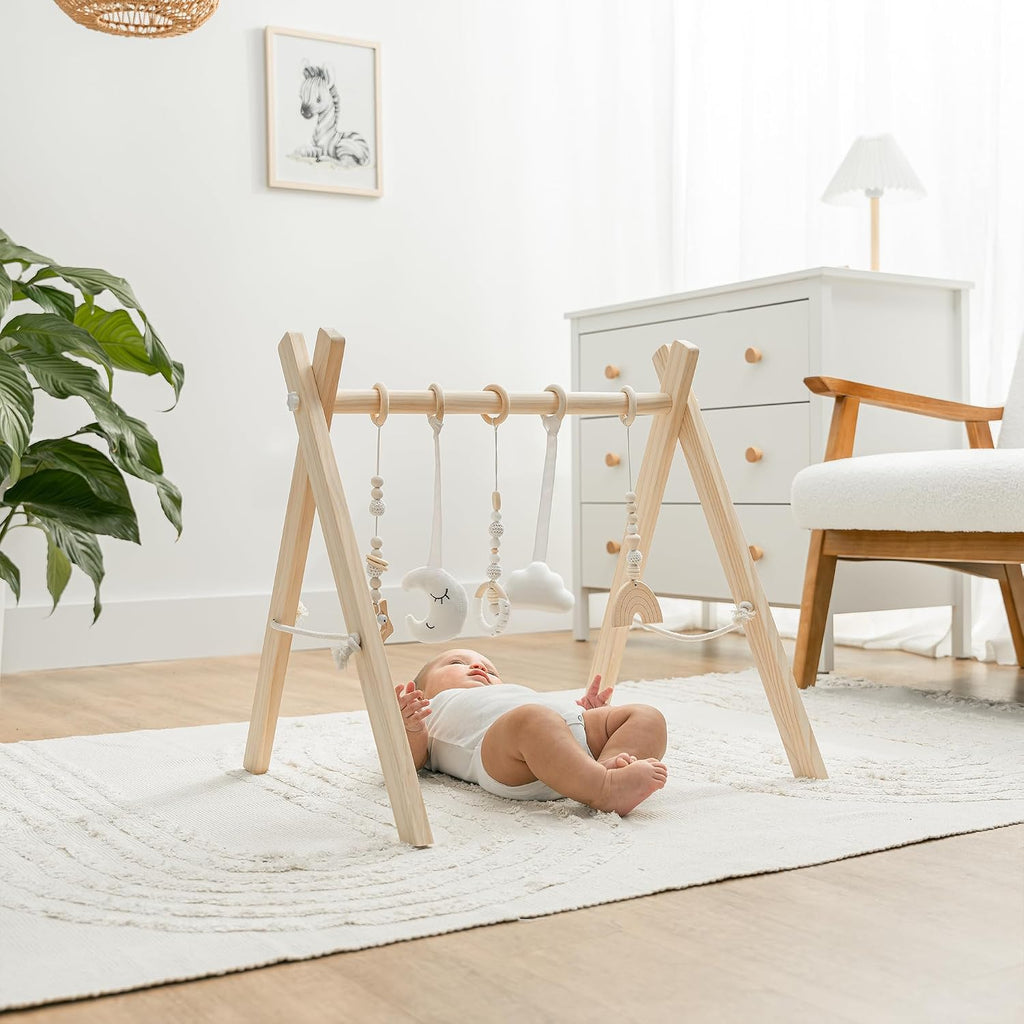 Wooden Baby Play Gym - Natural Finish Pinewood Baby Activity Gym with 5 Sensory Hanging Toys - Easy No-Tool Assembly