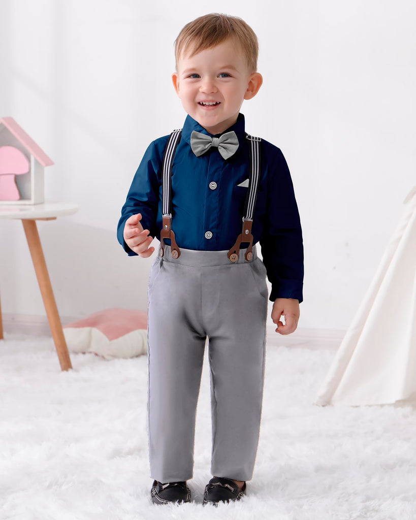 Boys Church Outfit Long Sleeve Dark Blue Grey Dress Shirt Bow Tie Suspender Pants Toddler Formal Outfit Boy