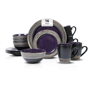 16 Piece Dinnerware Set, Ceramic Plates and Bowls Sets for 4, Microwave and Dishwasher Safe, Handcrafted Tree Bark