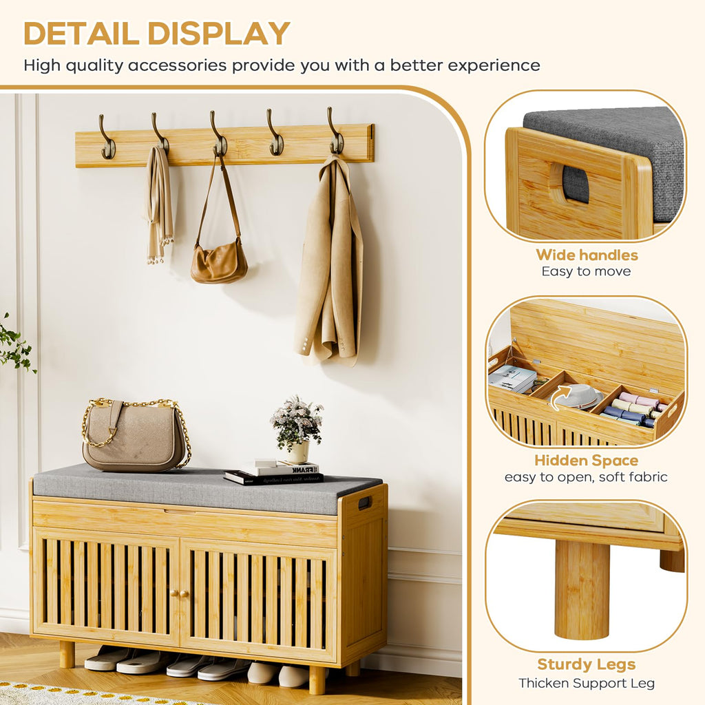 Shoe Storage Bench Coat Rack Set, 35.4" Bamboo Hall Tree Entryway Bench
