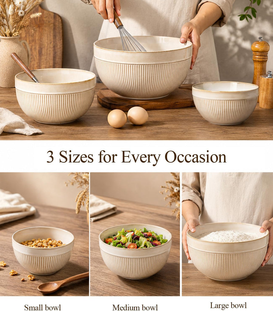 Ceramic Mixing Bowls Set of 3, Stoneware Nesting Serving Bowls | 45/90/150 oz For Prep, Baking, Serving, Gift