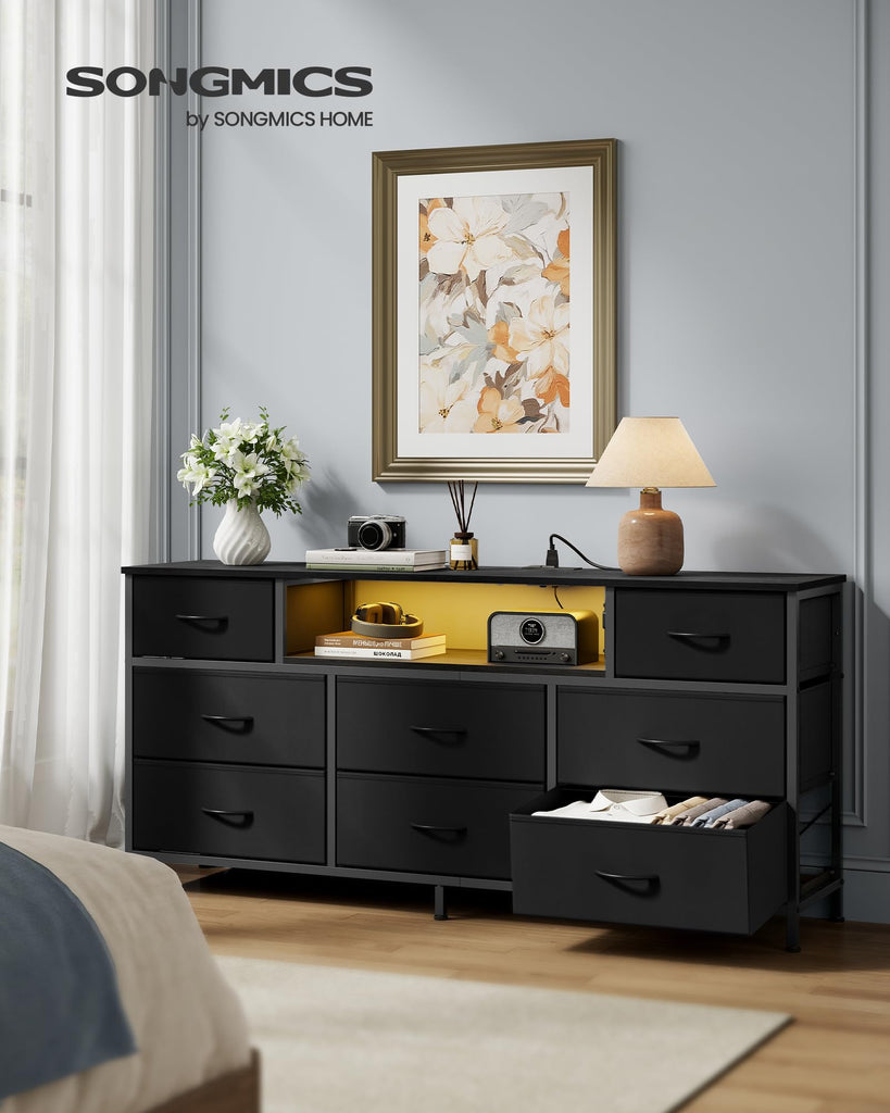 Dresser with Outlets & LED Lights, 8 Fabric Drawers