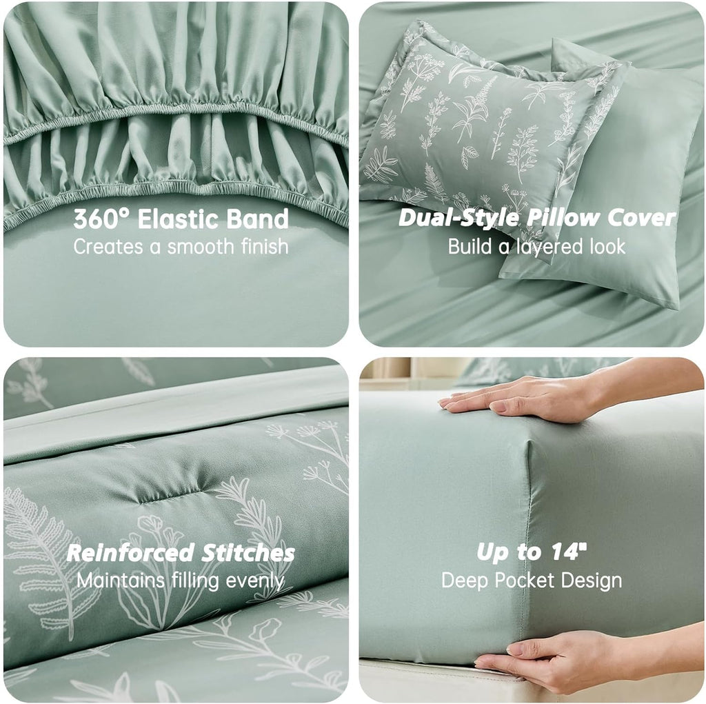 Queen Comforter Set 7 Pieces, Sage Green Bed in a Bag Queen Reversible Botanical Flowers Design