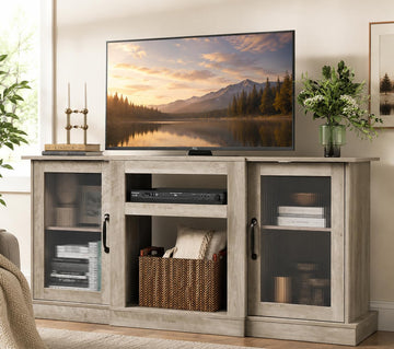58" Farmhouse TV Stand for 65/60/55 Inch TVs, Tall Entertainment Center with Storage Cabinets & Adjustable Shelves