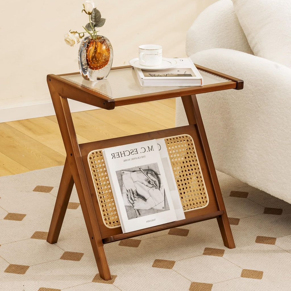 Rattan Side Table, Boho Nightstand with Glass Top & Magazine Rack, with Storage, Bamboo Bedside Table for Small Space